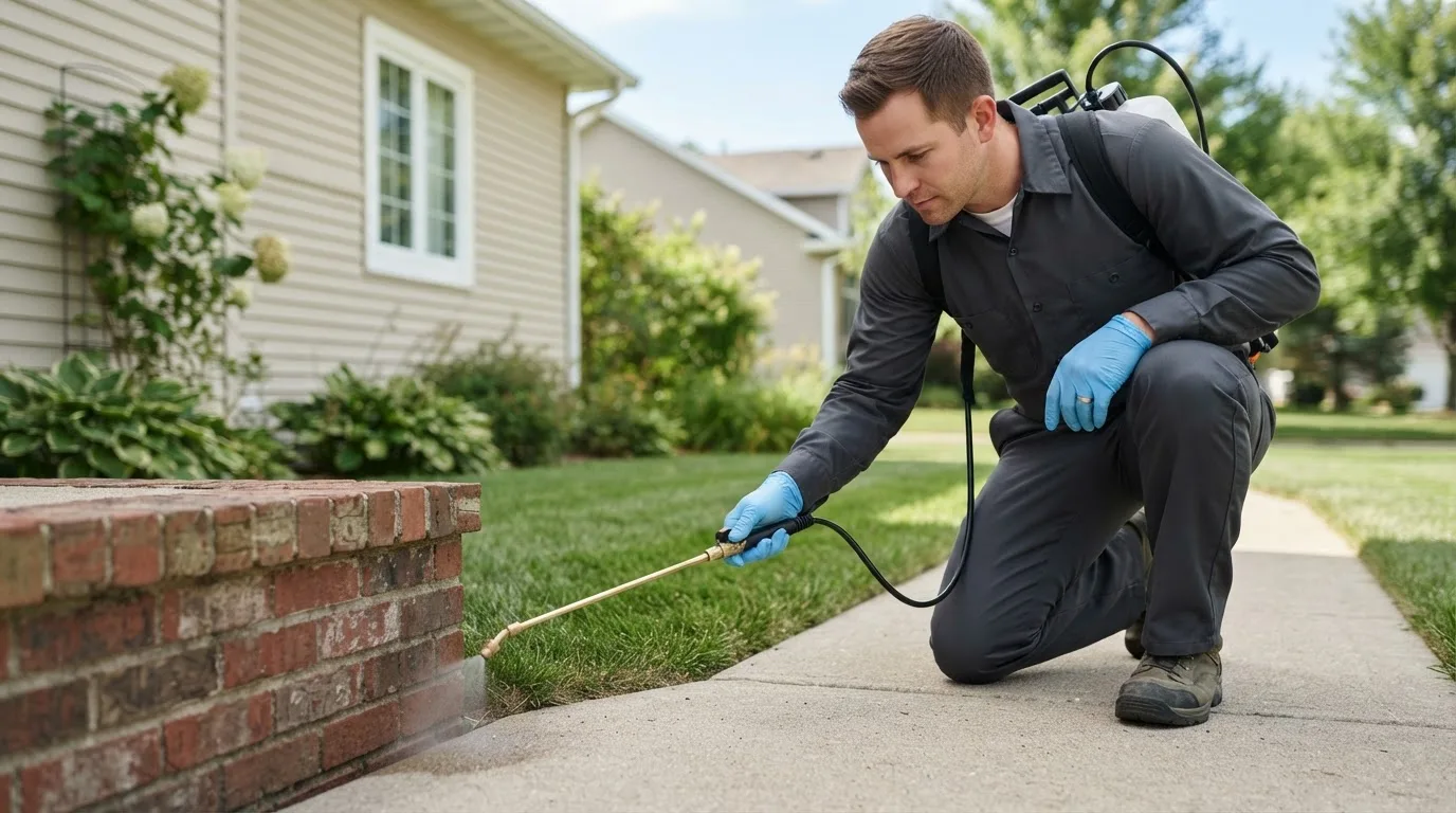 Pest control technician treating a home near Turlock, CA